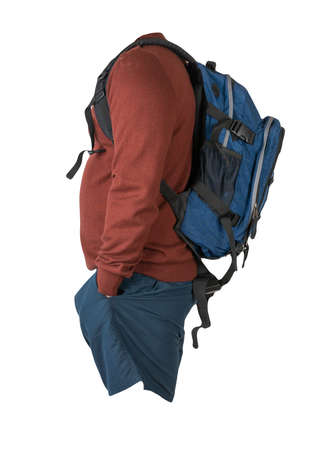 blue backpack, dark blue shorts, dark red sweater isolated on white background. casual wear