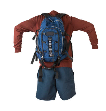 blue backpack, dark blue shorts, dark red sweater isolated on white background. casual wearの写真素材