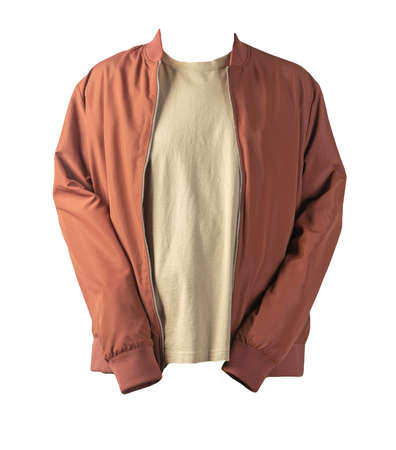 men's dark red bomber jacket and beige t-shirt isolated on a white background. fashionable casual...