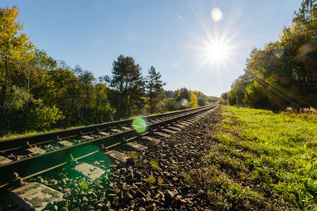 Railway in the autumn forest. Autumn forest dayの写真素材