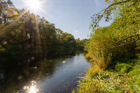 The beauty of nature of Belarus in autumn. River flowing in the autumn forest. Blue sky and yellow...
