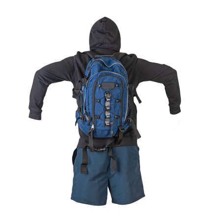 denim blue backpack, black sweatshirt with a hood, dark blue shorts isolated on white background. sportswearの写真素材