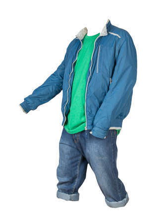 Denim blue shorts, green t-shirt and blue white windbreaker jacket on a zipper isolated on white backgroundの写真素材