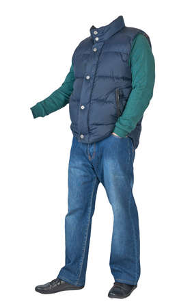 dark blue sleeveless jacket, blue jeans, green sweater and black leather shoes isolated on white background. Casual styleの写真素材