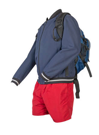blue backpack,red shorts,dark blue summer bomber jacket isolated on white background. casual wearの写真素材