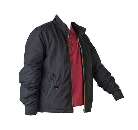 black men's jacket and dark red shirt isolated on white background. fashionable casual wearの写真素材