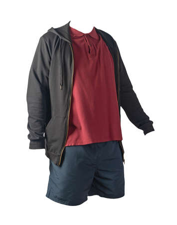 black sweatshirt with iron zipper hoodie, dark red t-shirt and dark blue sports shorts isolated on white background. casual sportswearの写真素材