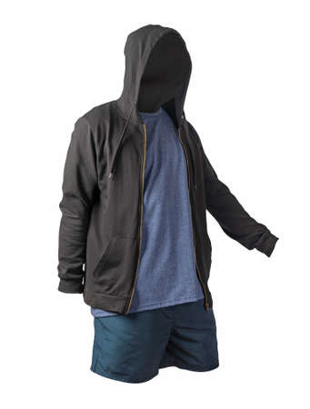 black sweatshirt with iron zipper hoodie, navy t-shirt and dark blue sports shorts isolated on white background. casual sportswearの写真素材
