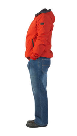 dark blue jeans, black leather shoes, red jacket with a hood isolated on white background. Casual styleの写真素材