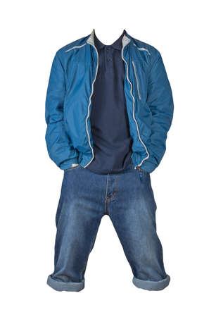 Denim dark blue shorts,dark blue t-shirt with collar on buttons and blue windbreaker jacket on a zipper isolated on white backgroundの写真素材