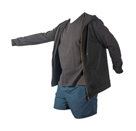 black sweatshirt with iron zipper hoodie, black t-shirt and dark blue sports shorts isolated on white background. casual sportswearの写真素材