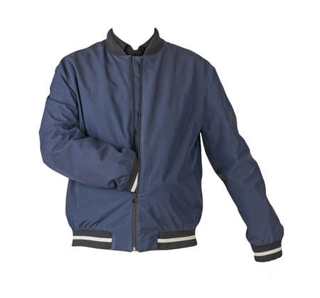 dark blue bomber jacket with hood and black sweater isolated on white backgroundの写真素材