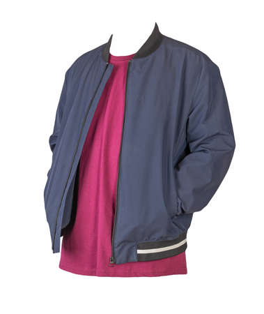 men's dark blue bomber jacket and burgundy t-shirt isolated on a white background. fashionable casual wearの写真素材