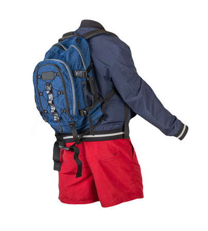 blue backpack,red shorts,dark blue summer bomber jacket isolated on white background. casual wearの写真素材