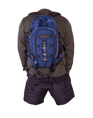 blue backpack, black shorts, dark green summer knitted bomber jacket isolated on white background. casual wearの写真素材