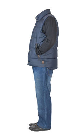 dark blue sleeveless jacket, blue jeans, black sweater and black leather shoes isolated on white background. Casual styleの写真素材