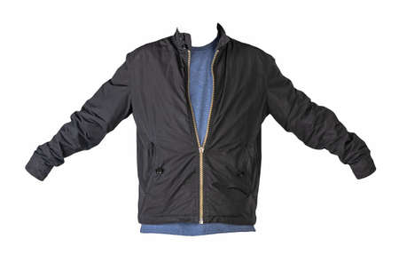 men's black jacket and navy t-shirt isolated on a white background. fashionable casual wearの写真素材