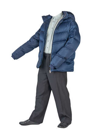 Male dark blue down jacket, gray striped shirt, black pants and black leather shoes isolated on white background. Men's autumn clothesの写真素材