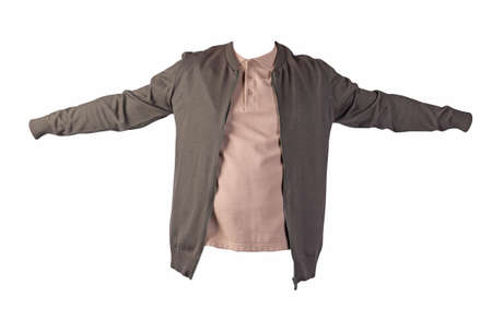 dark green men's knitten bomber jacket and beige shirt isolated on white background. fashionable casual wearの写真素材