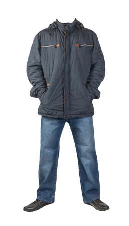 dark blue jeans, black leather shoes, dark blue jacket with a hood isolated on white background. Casual styleの写真素材
