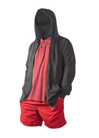 black sweatshirt with iron zipper hoodie, dark red t-shirt and red sports shorts isolated on white background. casual sportswearの写真素材