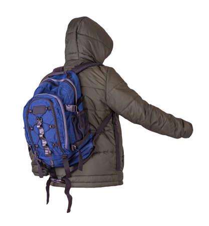 black backpack dressed in dark green jacket with hood isolated on a white background. rear view of a backpack and jacketの写真素材