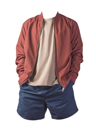 mens red bomber jacket,beige t-shirt and sports dark blue shorts isolated on white background. fashionable casual wearの写真素材
