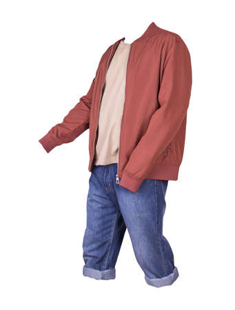 Denim blue shorts, beige t-shirt and red bomber jacket on a zipper isolated on white backgroundの写真素材