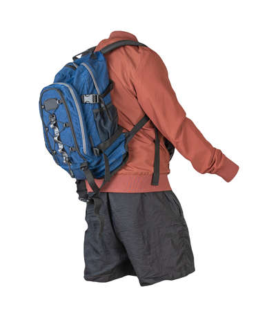 blue backpack, black shorts, red summer bomber jacket isolated on white background. casual wearの写真素材