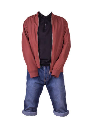 Denim blue shorts,black sweater and red bomber jacket on the zipper isolated on white backgroundの写真素材