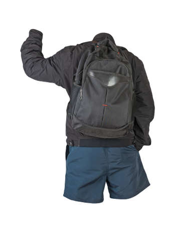 black backpack,dark blue shorts,black jacket isolated on white background. casual wearの写真素材
