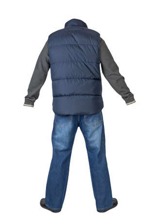 dark blue sleeveless jacket ,blue jeans,gray sweater and black leather shoes isolated on white background. casual styleの写真素材