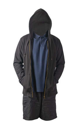 black sweatshirt with iron zipper hoodie, dark blue t-shirt and black sports shorts isolated on white background. casual sportswearの写真素材