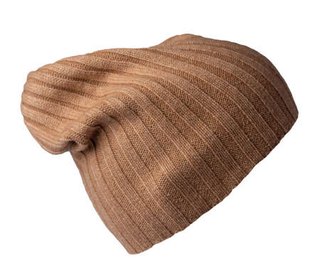 light brown hat isolated on white background .knitted hat .の写真素材
