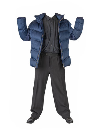 Male dark blue down jacket, black shirt, black pants and black leather shoes isolated on white background. Men's autumn clothesの写真素材
