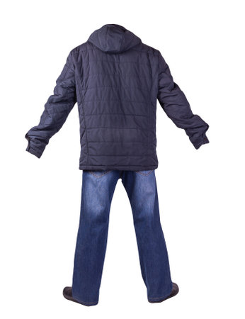 dark blue jeans, black leather shoes, dark blue orange jacket with a hood isolated on white background. Casual styleの写真素材