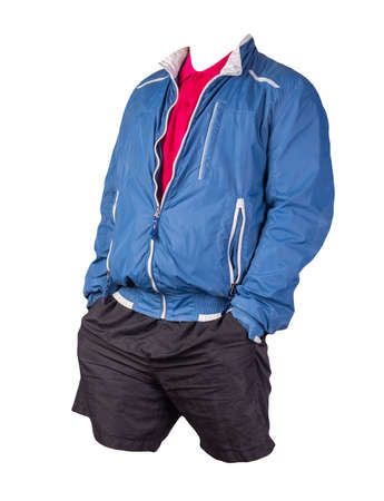 men's blue white jacket windbreaker, red shirt and black sports shorts isolated on white background. fashionable casual wearの写真素材