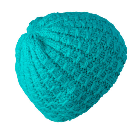 women's turquoise knitted hat isolated on white background. warm winter accessoryの写真素材