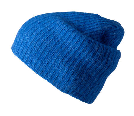 blue hat knitted isolated on white background. warm winter accessoryの写真素材