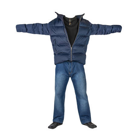 dark blue jeans, black sweater, dark blue down jacket and black leather shoes isolated on white background. Casual styleの写真素材