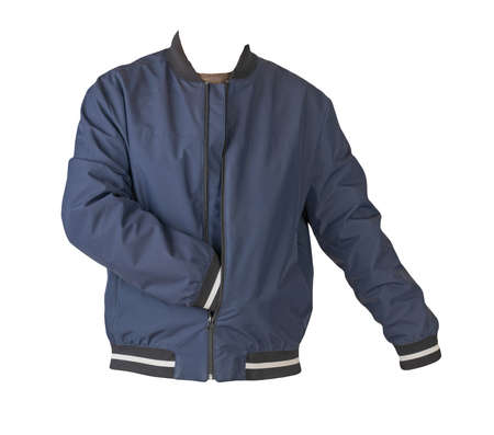 dark blue bomber jacket with hood and brown sweater isolated on white backgroundの写真素材