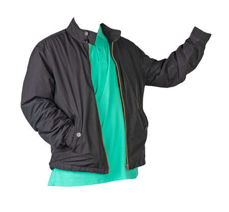 black men's jacket and light green shirt isolated on white background. fashionable casual wearの写真素材