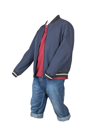 Denim dark blue shorts,dark red t-shirt with collar on buttons and dark blue bomber jacket on a zipper isolated on white backgroundの写真素材
