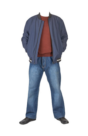 dark blue jeans, dark red sweater, dark blue bomber jacket and black leather shoes isolated on white background. Casual styleの写真素材