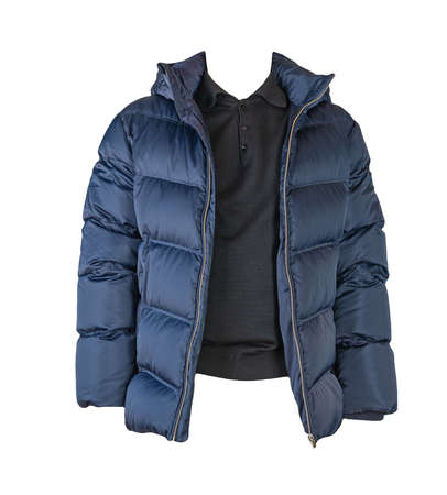 dark blue down jacket with hood and black sweater isolated on white backgroundの写真素材