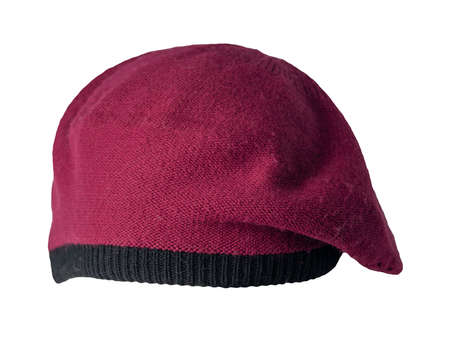 dark red black knitted female beret isolated on white background. autumn accessoryの写真素材