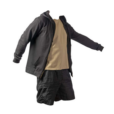 black sweatshirt with iron zipper hoodie, beige t-shirt and black sports shorts isolated on white background. casual sportswearの写真素材