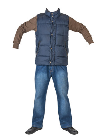 dark blue sleeveless jacket, blue jeans, brown sweater and black leather shoes isolated on white background. Casual styleの写真素材