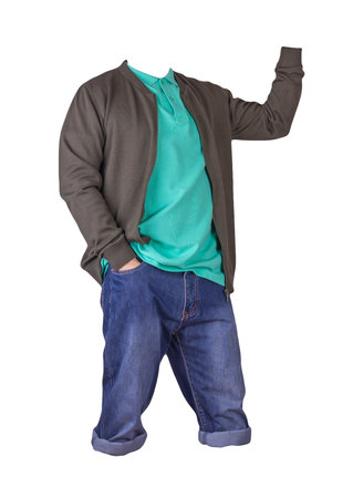 Denim dark blue shorts, green t-shirt with collar on buttons and dark green knitted bomber jacket on a zipper isolated on white backgroundの写真素材