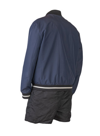 mens dark blue bomber jacket and black sports shorts isolated on white background. fashionable casual wearの写真素材